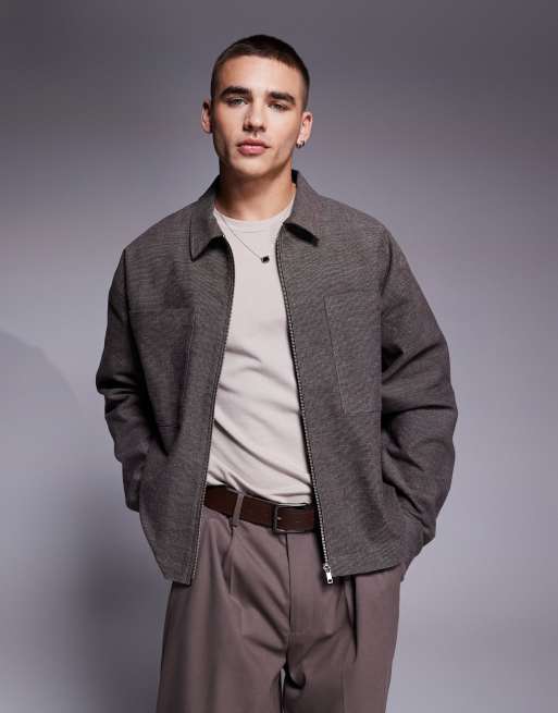 ASOS DESIGN smart harrington shacket in dogtooth check in brown (part of a set)