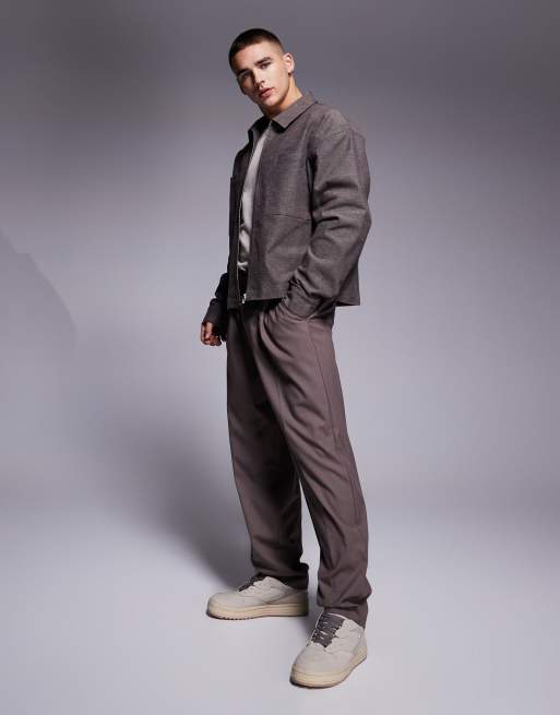 ASOS DESIGN smart harrington shacket in dogtooth check in brown (part of a set)