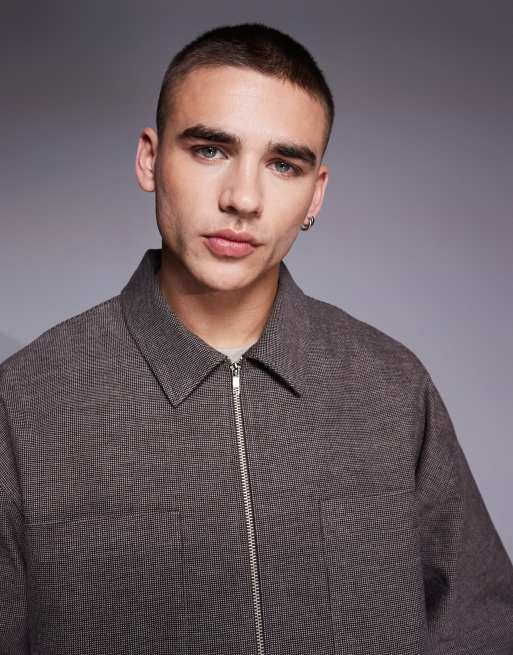 ASOS DESIGN smart harrington shacket in dogtooth check in brown (part of a set)