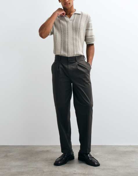 ASOS DESIGN smart heavyweight cotton blend oversized tapered pants in brown herringbone - view 1