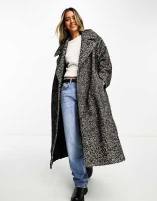 ASOS DESIGN smart herringbone belted coat in black and white