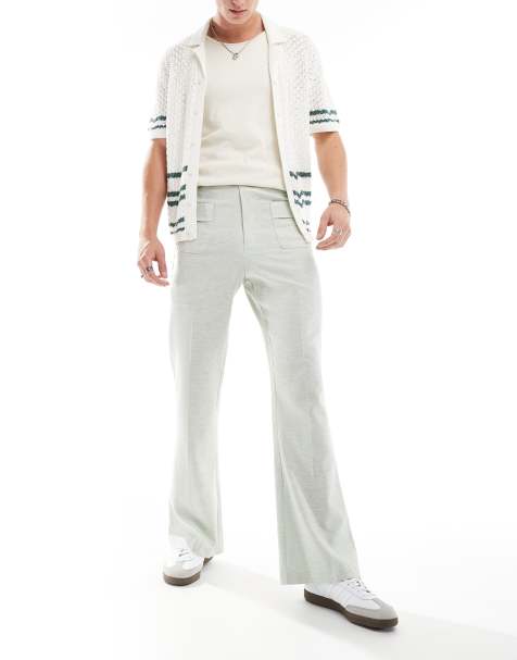ASOS DESIGN smart high waist flared pants in sage green herringbone - view 1