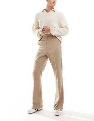 smart high waist flared wool mix pants in stone-Neutral