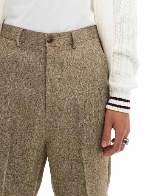 ASOS DESIGN smart high waist straight leg wool look trousers in brown herringbone ASOS