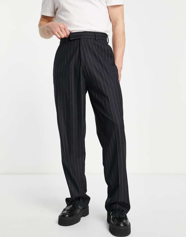 ASOS DESIGN smart high waist wide pants in navy pin stripe