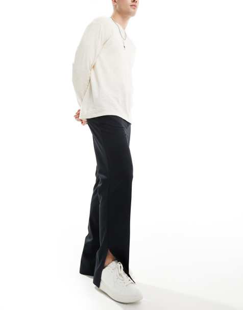 ASOS DESIGN smart high waisted straight leg trousers in black with side splits - view 1