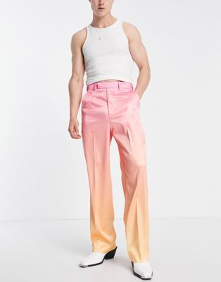 ASOS DESIGN smart high waisted wide leg trousers in pink ombre satin
