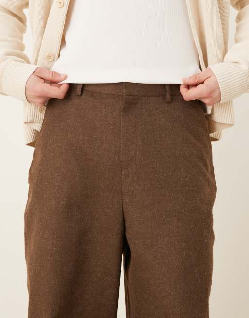 ASOS DESIGN smart horseshoe fit trousers with front pleats in brown brushed fabric 