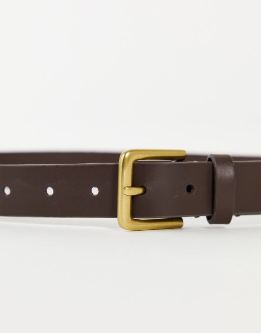 ASOS DESIGN smart leather belt in brown with antique gold buckle