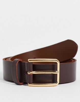 ASOS DESIGN Smart leather belt in brown with gold buckle
