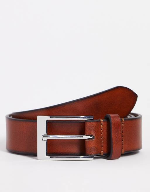 ASOS DESIGN smart leather belt with burnished edge in brown | ASOS