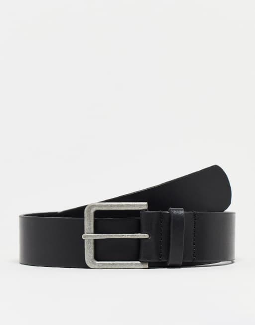 ASOS DESIGN smart leather belt with burnished silver buckle in black | ASOS