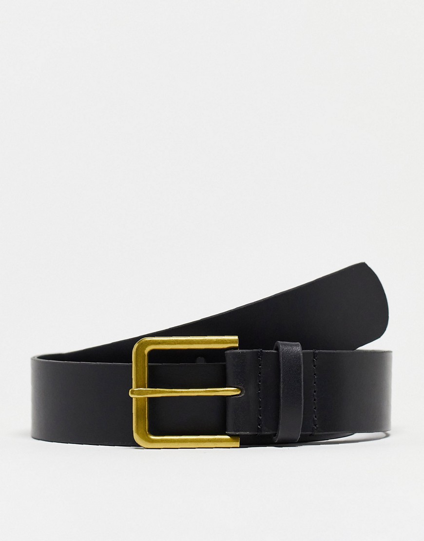 ASOS DESIGN smart leather belt with gold buckle in black