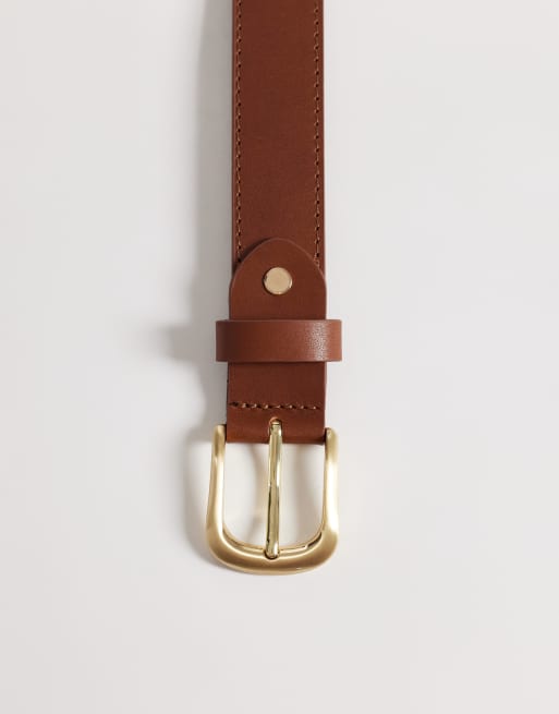 ASOS DESIGN smart leather belt with rounded edge gold buckle in tan, 2 of 3