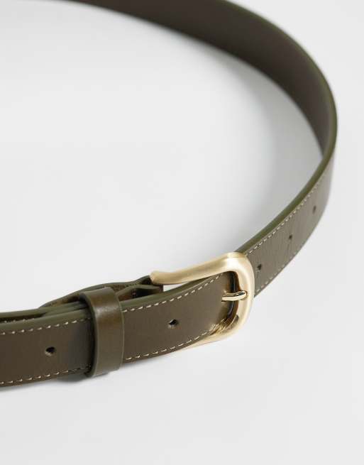 ASOS DESIGN smart leather single stud belt with rounded edge gold buckle in khaki, 3 of 3