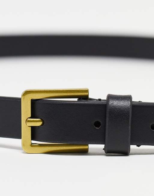 ASOS DESIGN slim western belt in black faux leather with gold