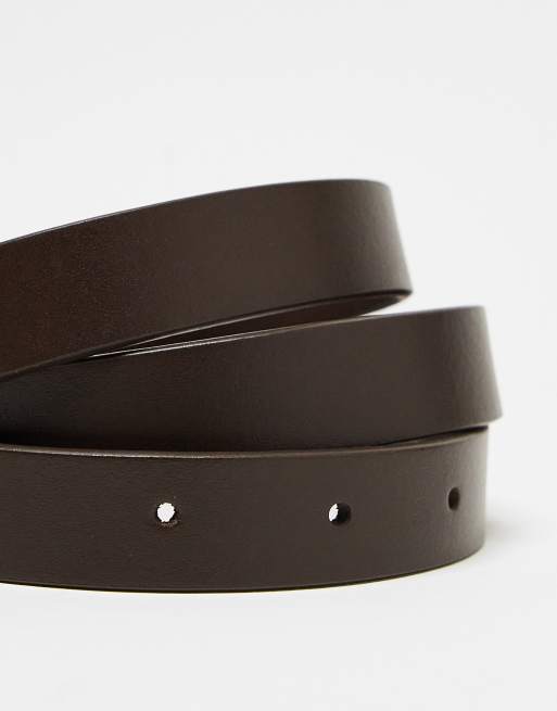 ASOS DESIGN smart leather skinny belt with gold buckle in brown, 2 of 4