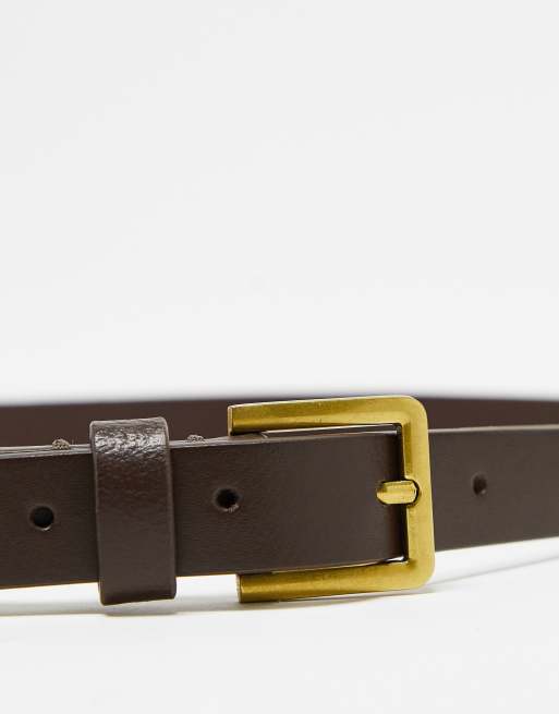 ASOS DESIGN smart leather skinny belt with gold buckle in brown, 4 of 4