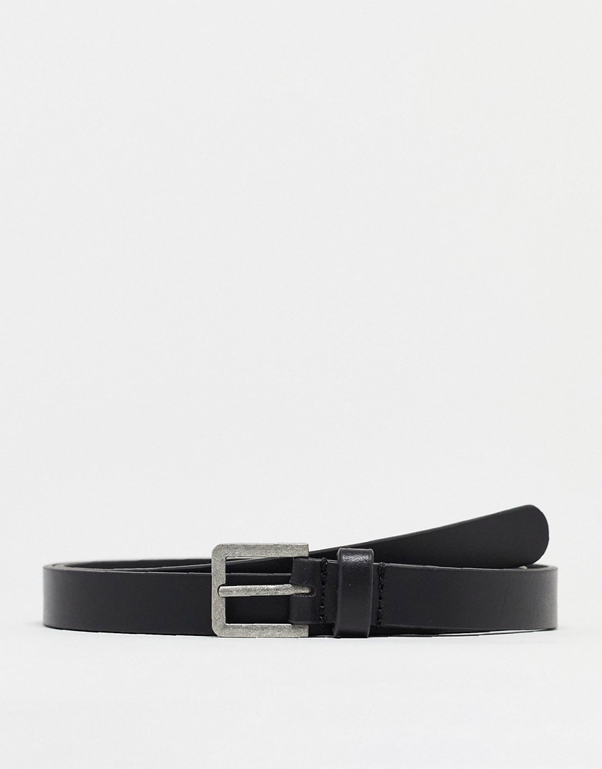 smart leather skinny belt with silver buckle in black