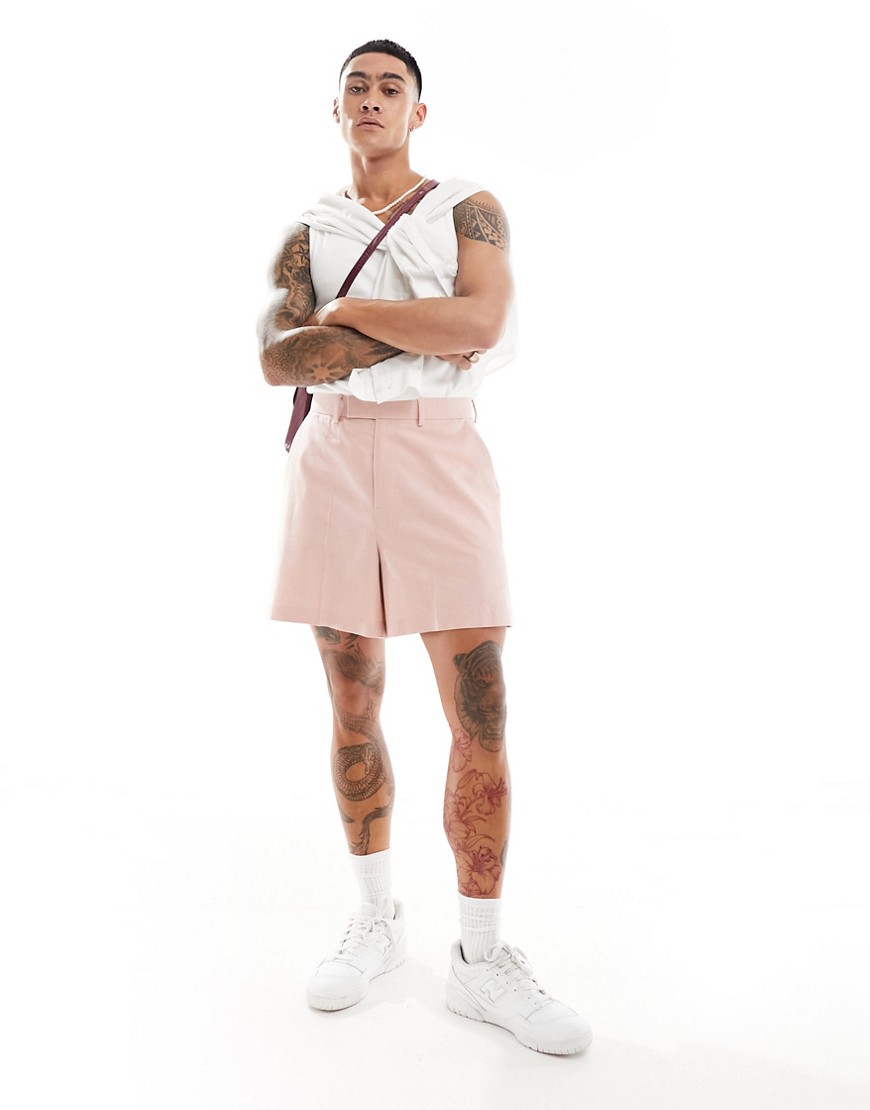 ASOS DESIGN smart linen blend cropped bermuda shorts in pink