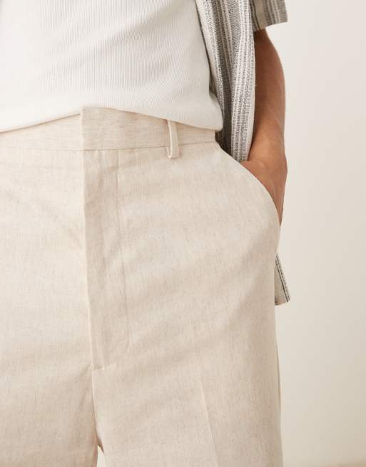 ASOS DESIGN smart linen blend high waist straight leg pants in cream, 3 of 5