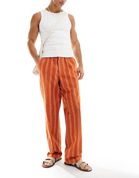 ASOS DESIGN smart linen blend wide leg joggers in orange stripe