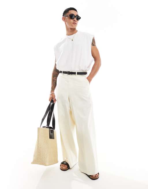 ASOS DESIGN smart linen blend wide leg pants in ecru