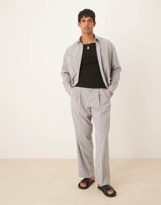 ASOS DESIGN smart linen blend wide leg pants with double pleats in gray - part of a set