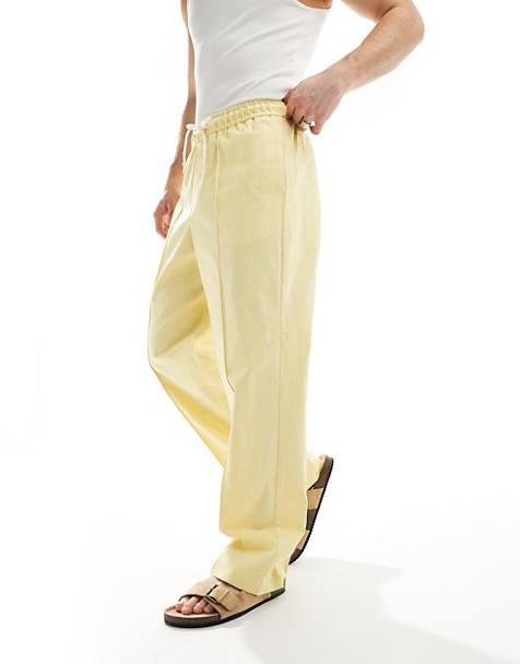 ASOS DESIGN smart linen blend wide leg pull on trousers in dusty yellow