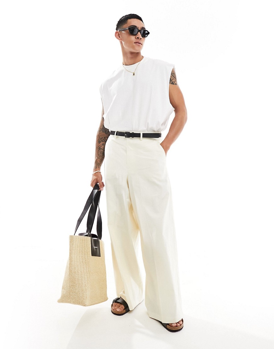 ASOS DESIGN smart linen blend wide leg smart trousers in ecru-White