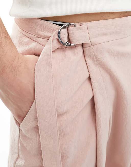 ASOS DESIGN smart linen blend wide leg trousers with asymmetric wrap in dusty pink, 2 of 5