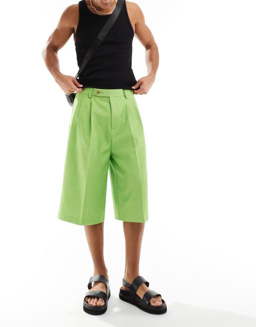 ASOS DESIGN smart linen look longline shorts in bright green