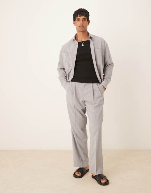 ASOS DESIGN smart linen look wide leg trousers with double pleats in grey