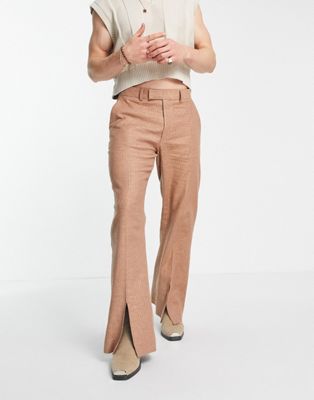ASOS DESIGN linen blend wide leg smart pants in brown crinkle