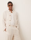 [ASOS DESIGN] ASOS DESIGN smart linen mix harrington in stone pinstripe (part of a set)-Neutral S STONE
