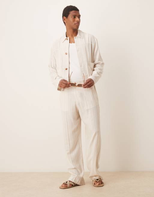 ASOS DESIGN smart linen mix harrington in stone pinstripe (part of a set), 3 of 4