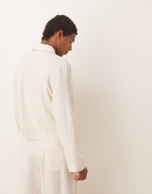 ASOS DESIGN smart linen mix harrington in stone pinstripe (part of a set), 4 of 4