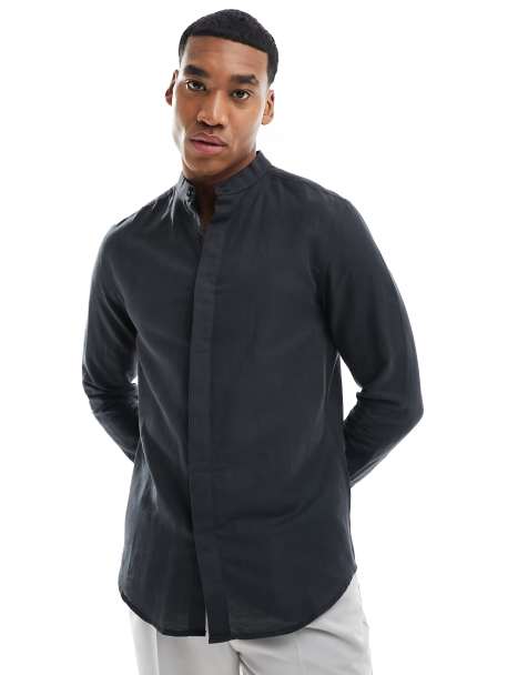 ASOS DESIGN smart linen regular shirt with deep grandad collar in black - view 1