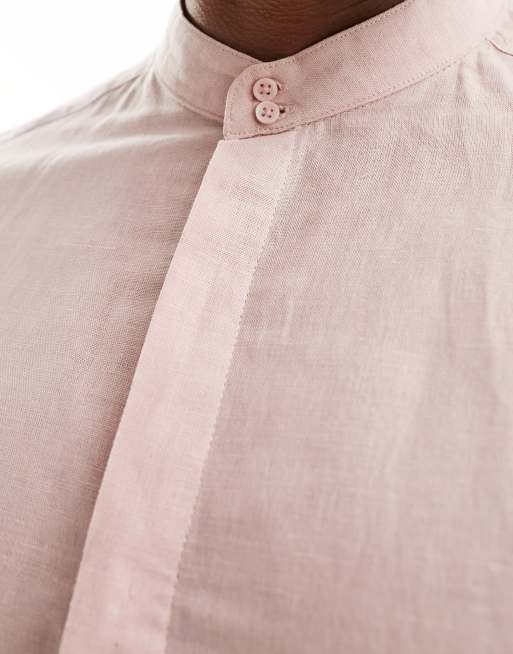 ASOS DESIGN smart linen regular shirt with deep grandad collar in dusty pink, 3 of 4