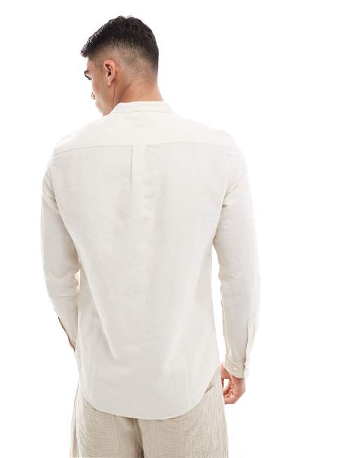 ASOS DESIGN smart linen regular shirt with mandarin collar in ecru, 4 of 4