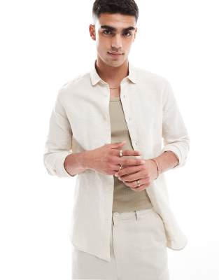 ASOS DESIGN ASOS DESIGN smart linen regular shirt with penny collar in ecru-Neutral