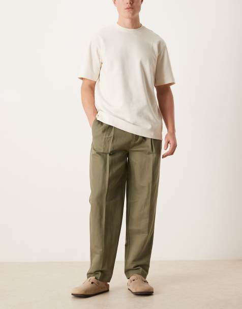 ASOS DESIGN smart linen rich oversized tapered trousers in olive green - view 1
