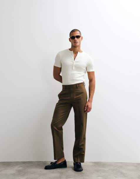 ASOS DESIGN tailored linen rich straight leg trousers in dark brown 