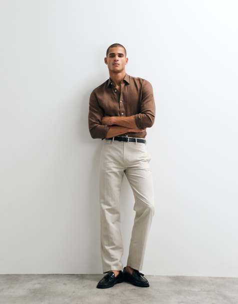 ASOS DESIGN tailored linen rich straight leg trousers in stone