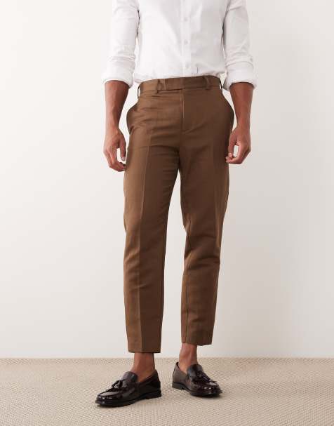 ASOS DESIGN smart linen rich tapered trousers in dark brown - view 1