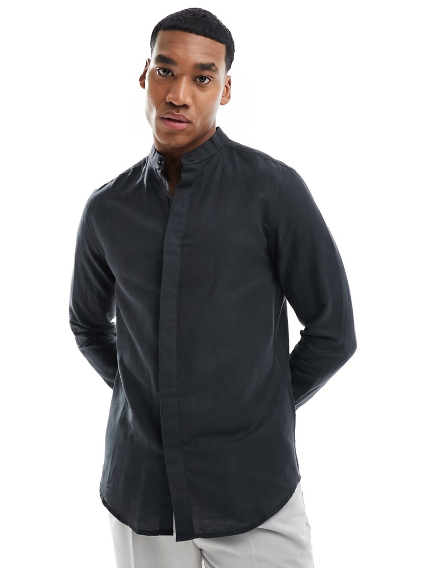 ASOS DESIGN smart linen shirt with deep grandad collar in black