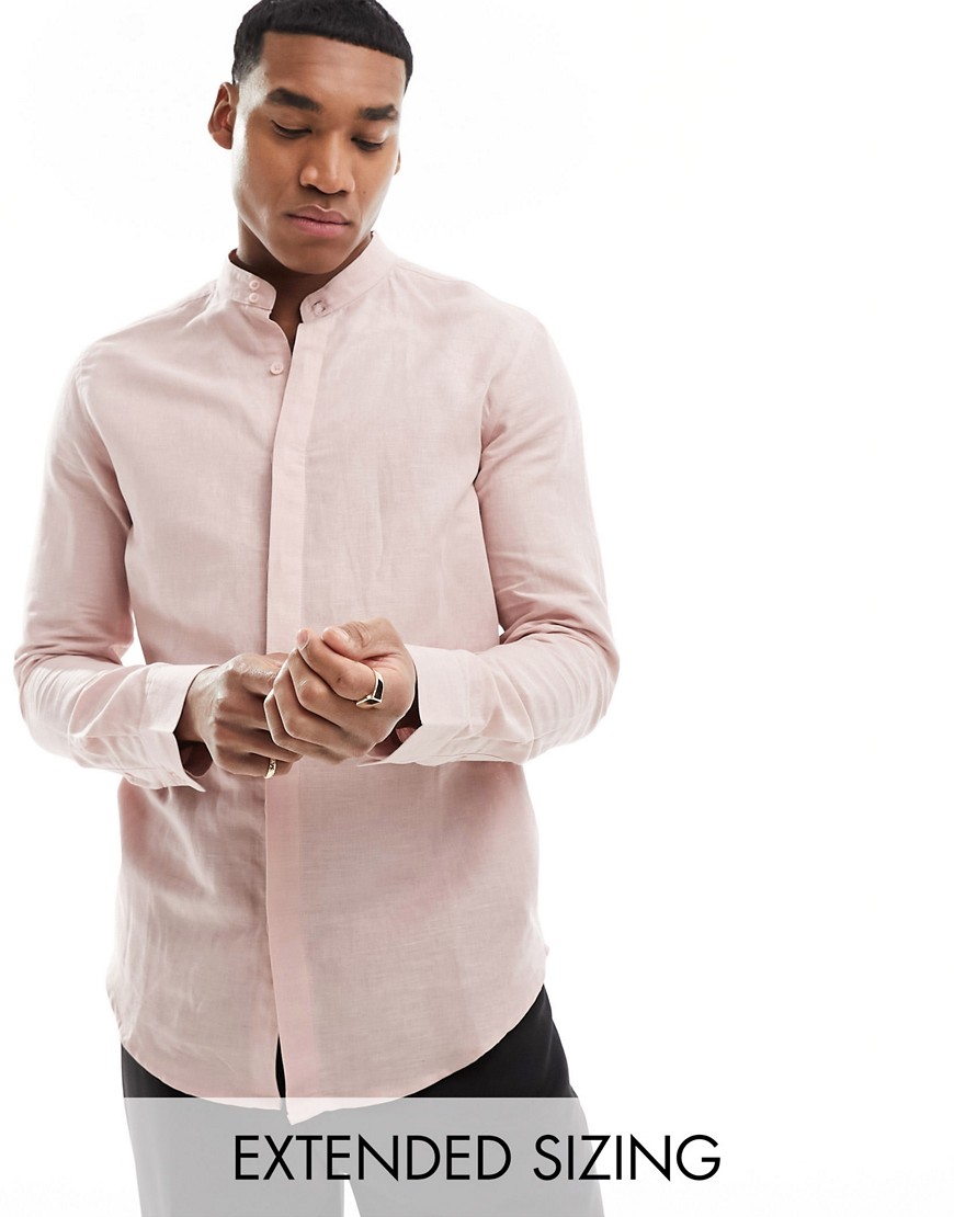 ASOS DESIGN smart linen shirt with deep grandad collar in dusty pink