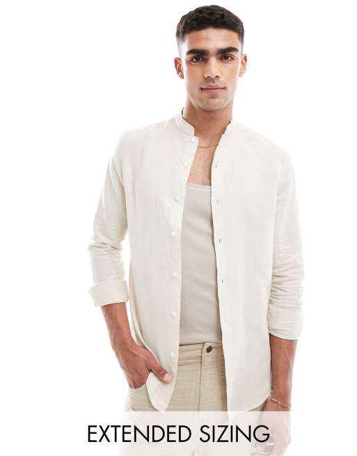 FhyzicsShops DESIGN smart linen shirt with mandarin collar in ecru