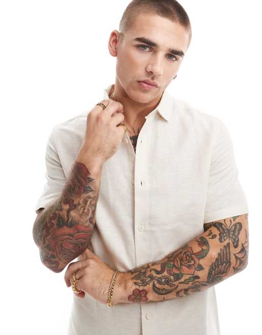 ASOS DESIGN smart linen short sleeve regular shirt in ecru