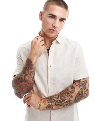 Asos Design Regular Smart Linen Shirt With Penny Collar In Ecru-neutral